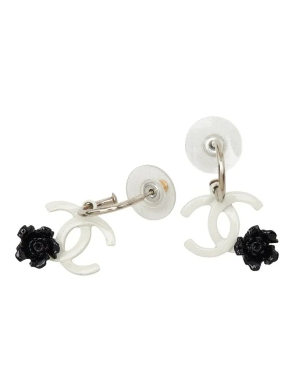 Chanel CC Logo Camellia Swing Earrings 04 White Black Metal